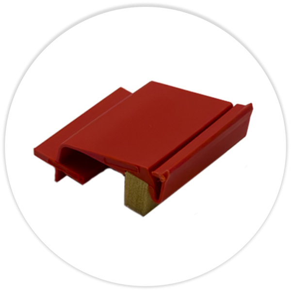 Trim Saver® - Niederhalter/Auswerfer zur Minimierung des Randbeschnitts an axialen Einlauf- und Auslaufschneidlinien bei Rotationswerkzeugen, rot